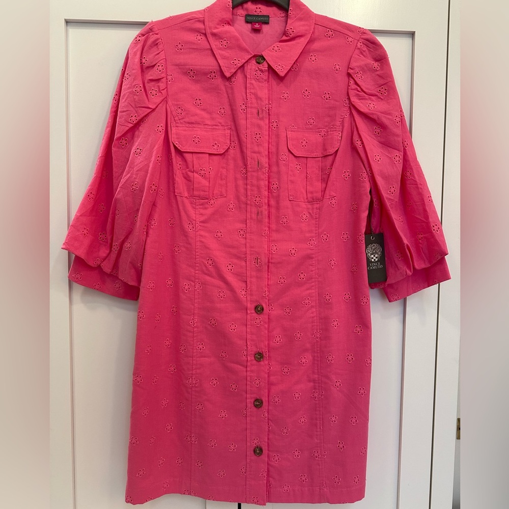 Vince Camuto Pink Eyelet Button-Up Dress with Puff Sleeves and Slim Skirt